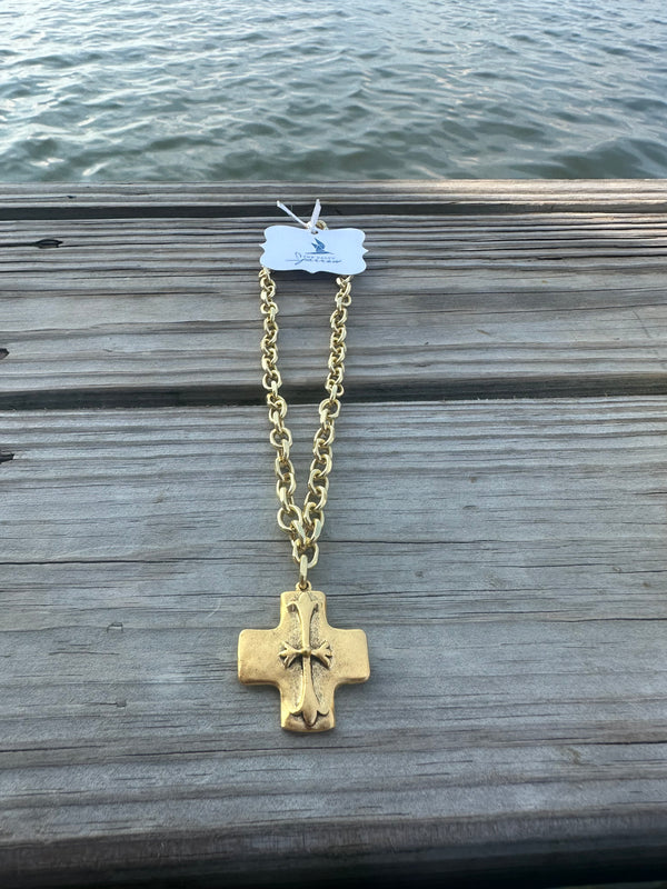 Statement Symbolic Cross Pendant with Gold Chain