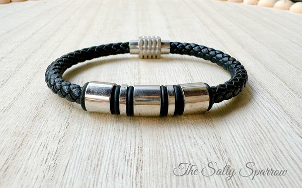 Mens' Black Braided Leather Bracelet