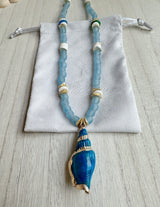 Blue spiral conch seashell necklace