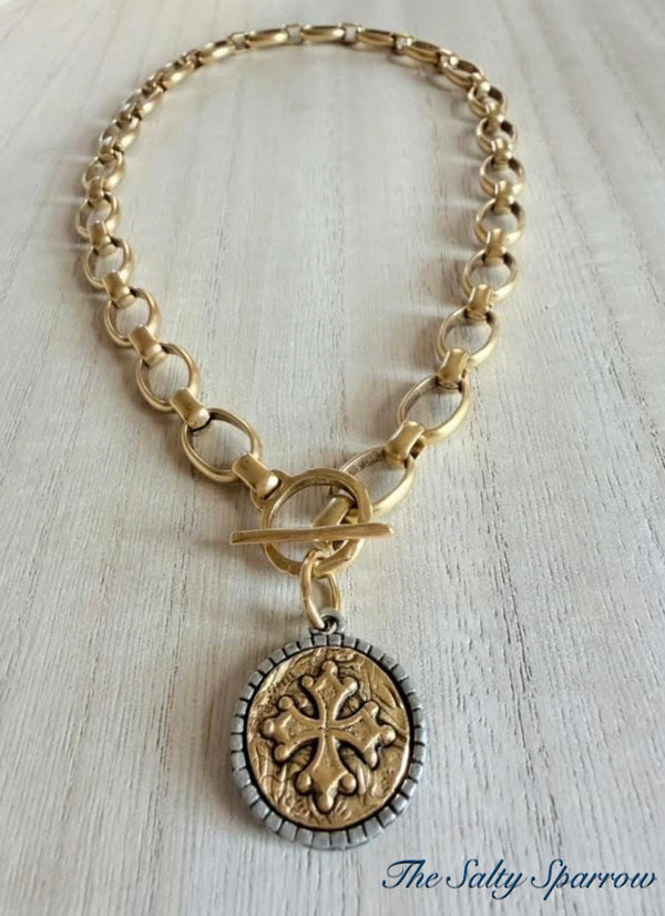 Dahlia two tone cross necklace