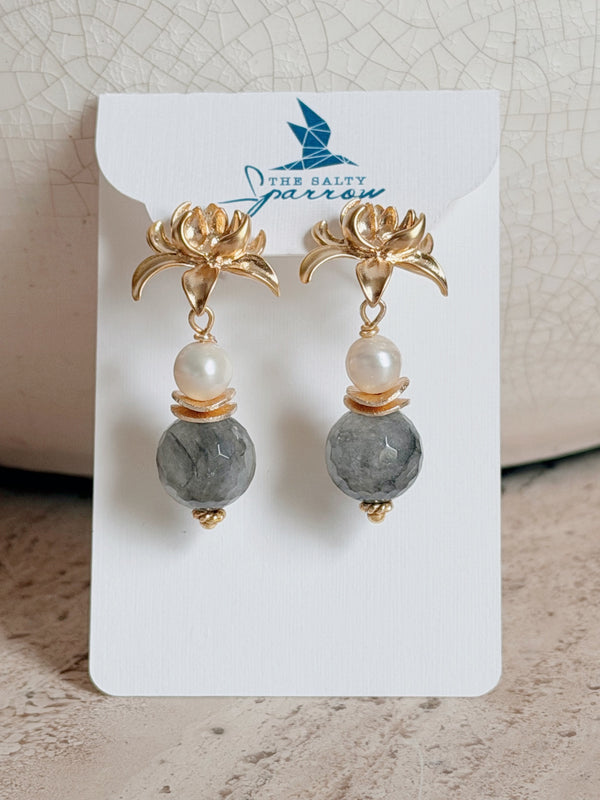 Smokey quartz and pearl lotus earrings