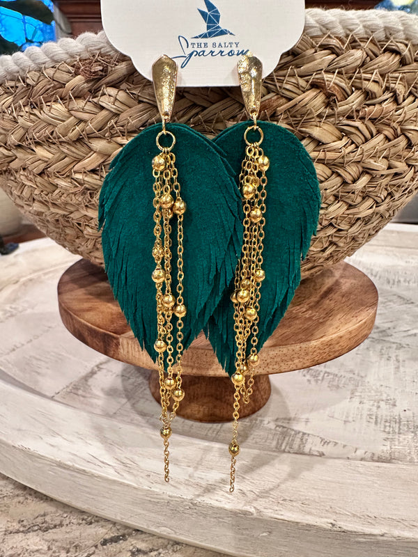 Green suede & chain feather earrings