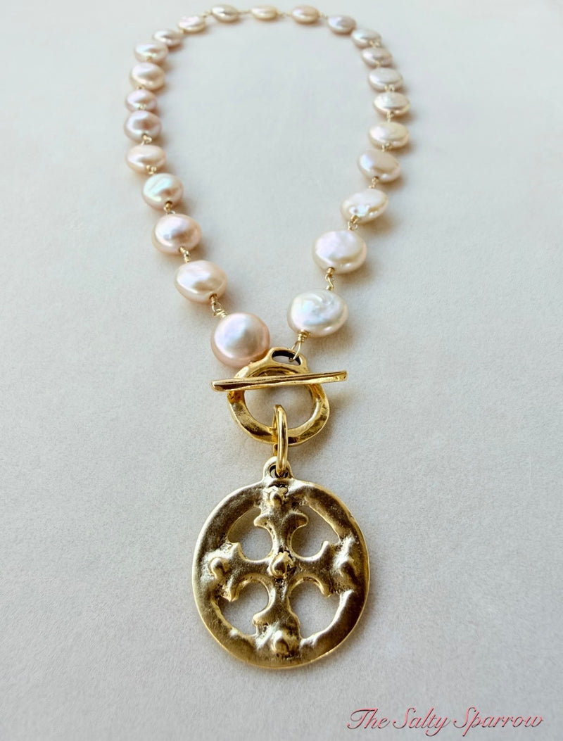 Victoria blush pearl cross necklace