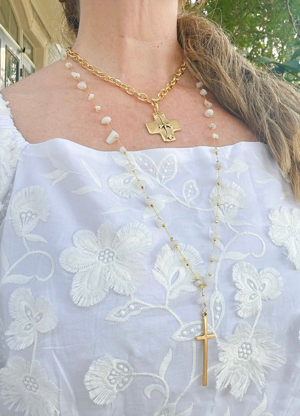 Moonstone Chips and Elongated Gold Cross Necklace