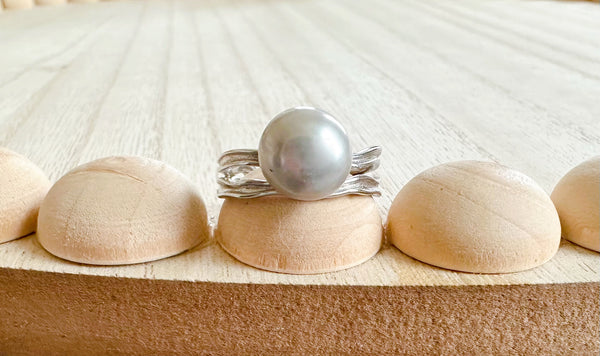 Double banded dive gray pearl ring (Sterling Silver)