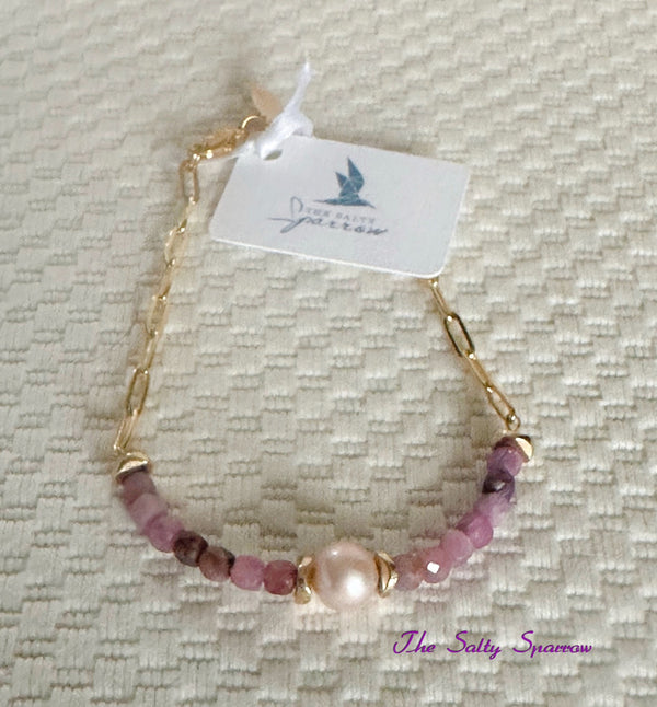 Raspberry Tourmaline & Pearl Bracelet