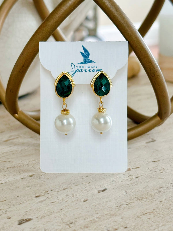 Emerald tear pearl drop earrings