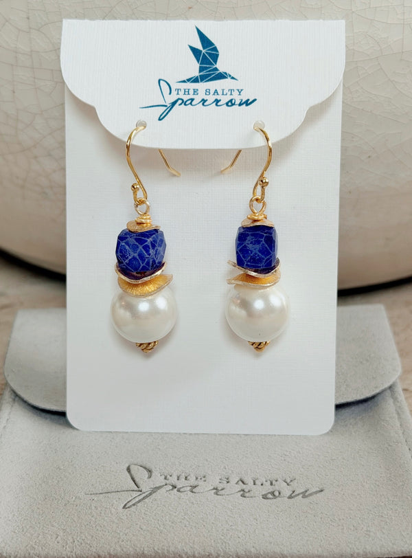 Blue moonstone/pearl drop earrings