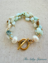Triple strand larimar & pearl toggle bracelet