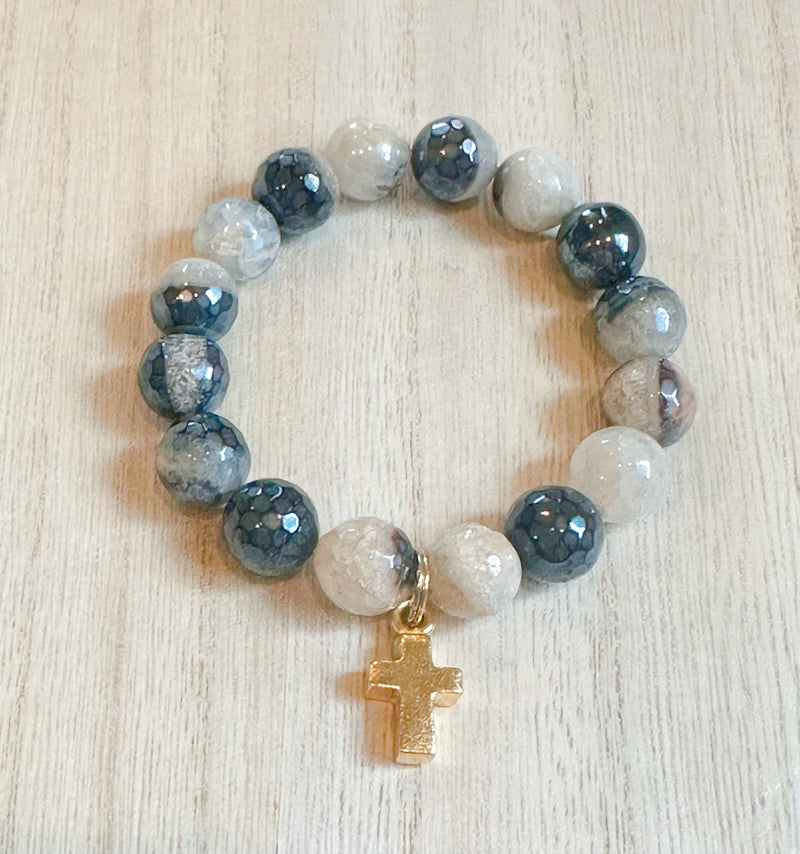 Black and white mystic agate with gold cross charm