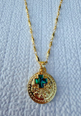 Aztec Gold Medallion and Cross Charm Necklace
