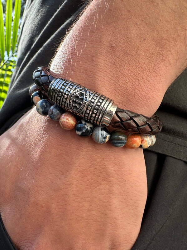 Men’s jasper & leather bracelet pair