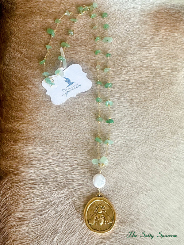 Nugget Aventurine Stones with Bee Coin Pendant