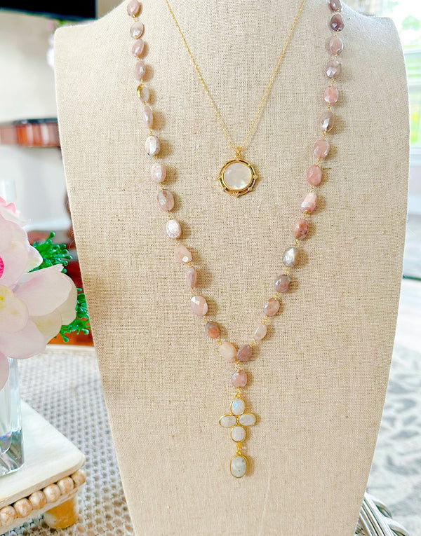 Peach Moonstone Necklace & Gold Chain with Mother of Pearl Necklace (You Choose)