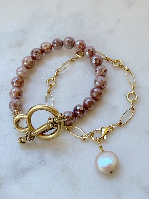 Blush moonstone & coin pearl chain bracelet pair