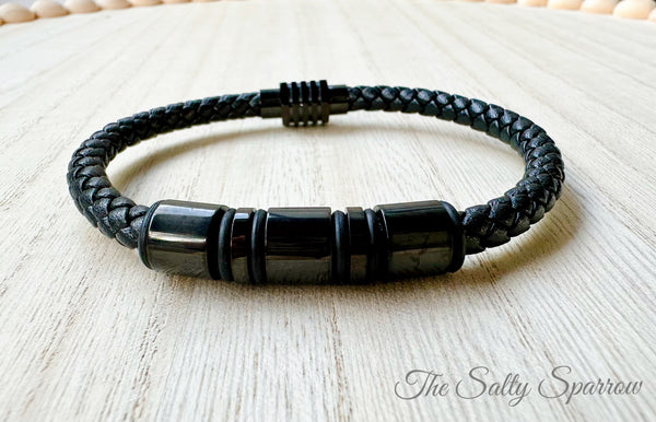 Mens 8mm black on black leather bracelet