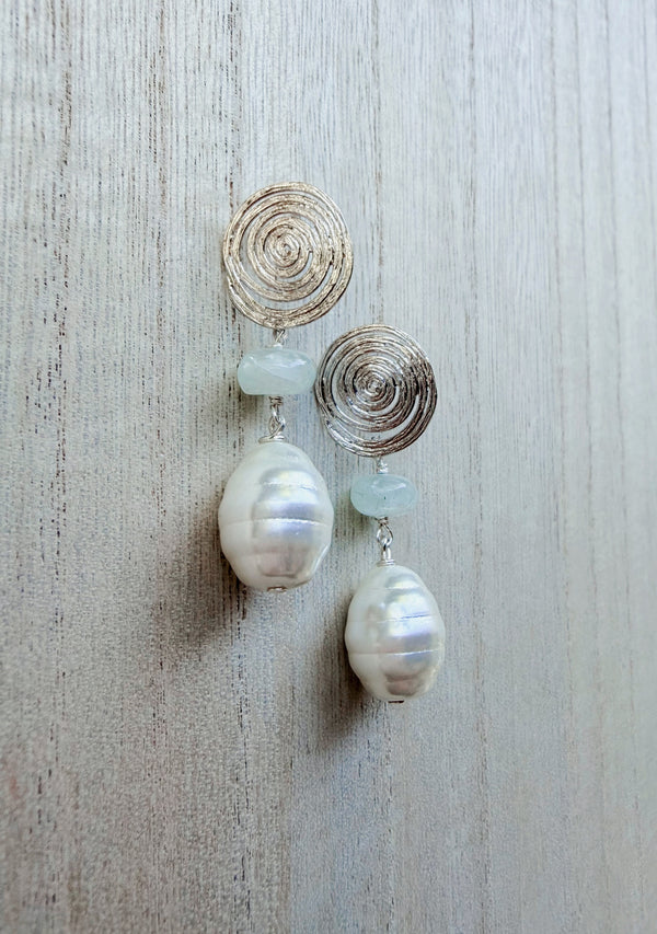 Aquamarine and mother of pearl Dahlia earrings