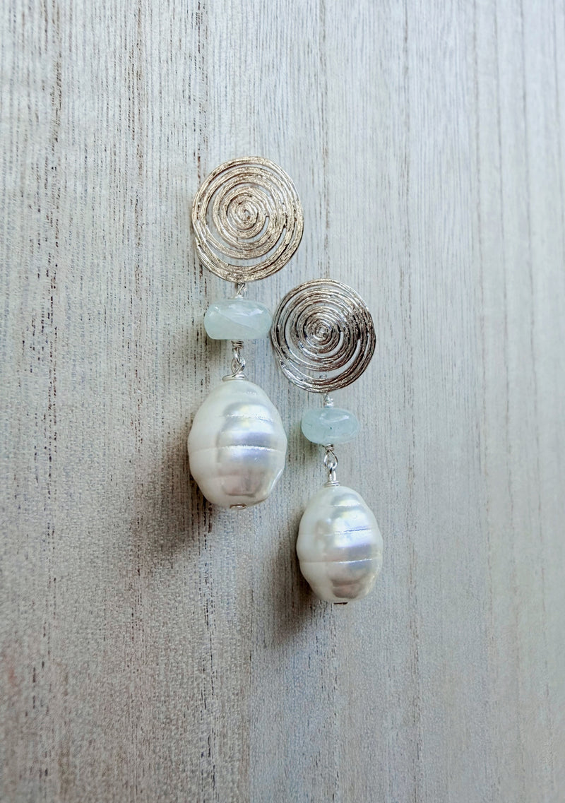 Aquamarine and mother of pearl Dahlia earrings