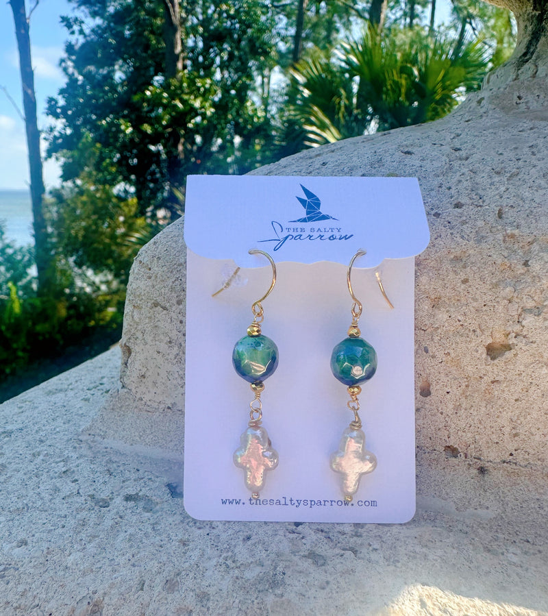 Freshwater Pearl Cross & Emerald Earrings