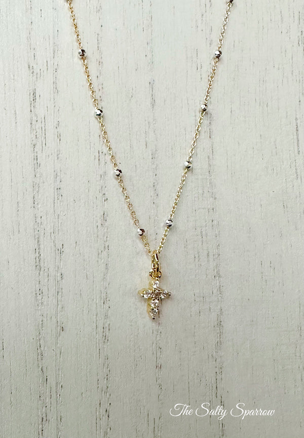 Gold & silver satellite cross necklace