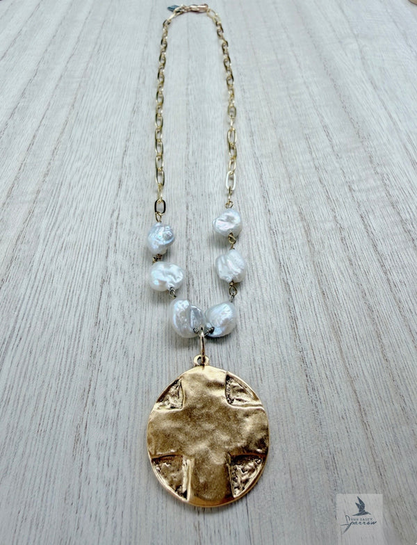 Tumbled pearl and cross coin necklace