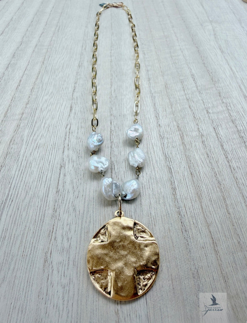Tumbled pearl and cross coin necklace