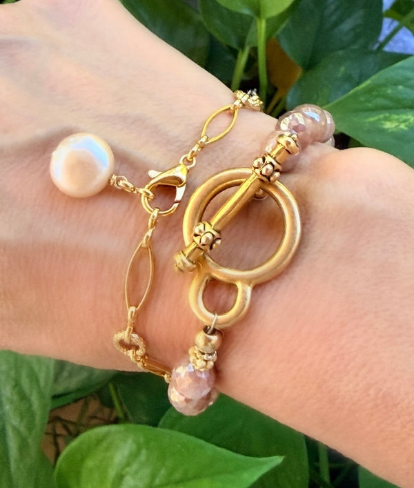 Blush moonstone & coin pearl chain bracelet pair