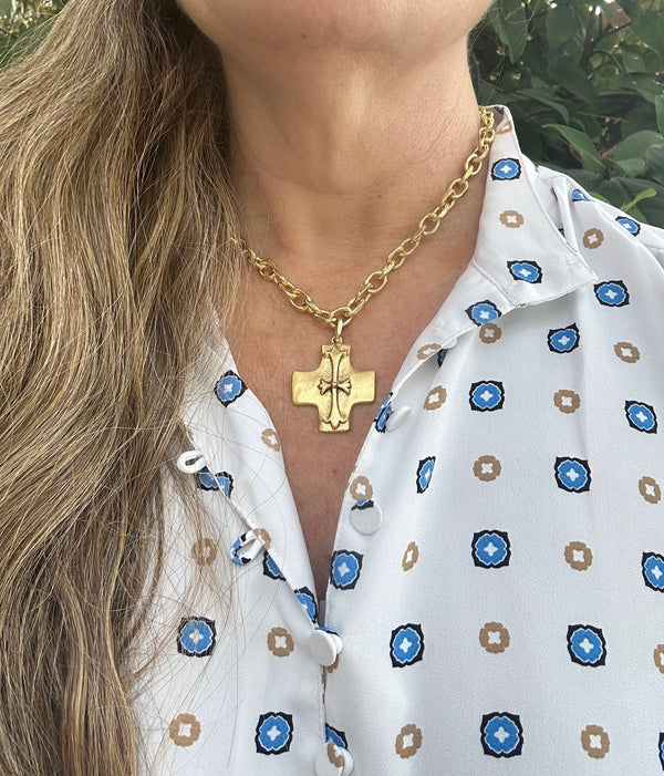 Statement Symbolic Cross Pendant with Gold Chain