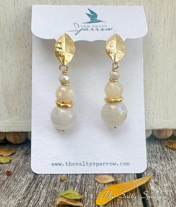 Enchanted Leaf with Vanilla & Cream Gemstone Earrings