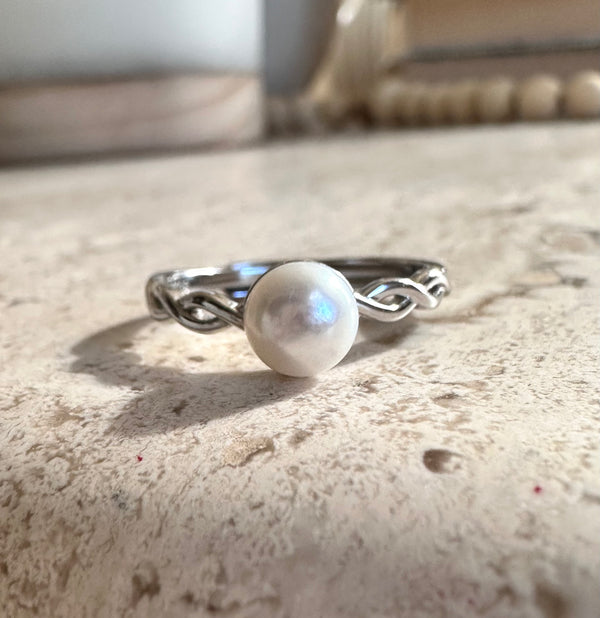 Braided Sterling silver/freshwater pearl ring