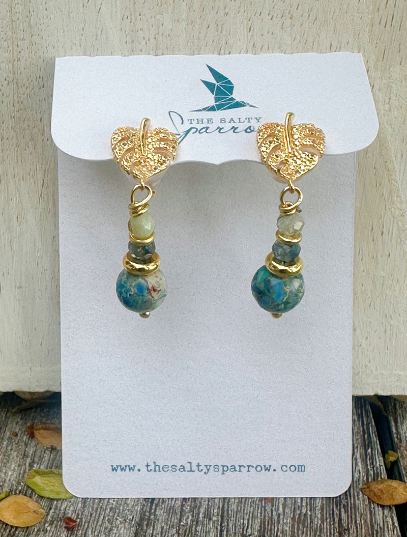 Maple Leaf with Chrysoprase Gemstone Earrings