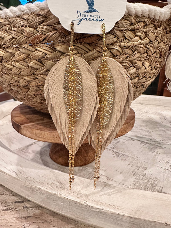 Cream and gold leather & chain leaf earrings