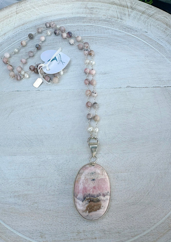 Pink Peru Opal and Pearls Necklace