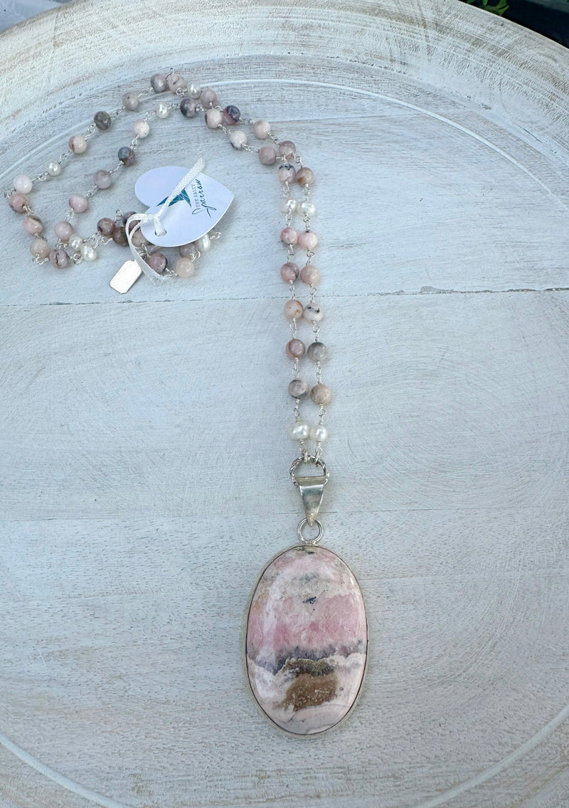 Pink Peru Opal and Pearls Necklace