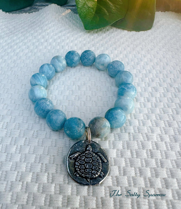 Coastal Larimar & Turtle Charm Bracelet