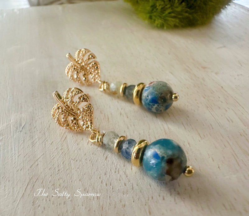 Maple Leaf with Chrysoprase Gemstone Earrings