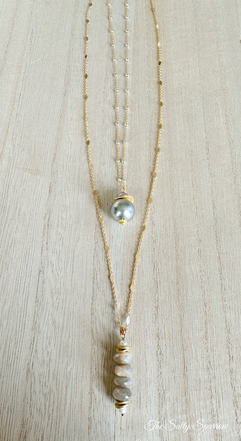 Graphite pearl & moonstone/pearl necklaces (set)