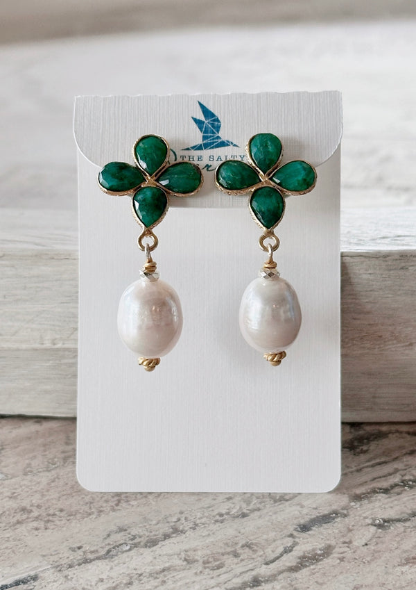 Emerald and pearl drop earrings