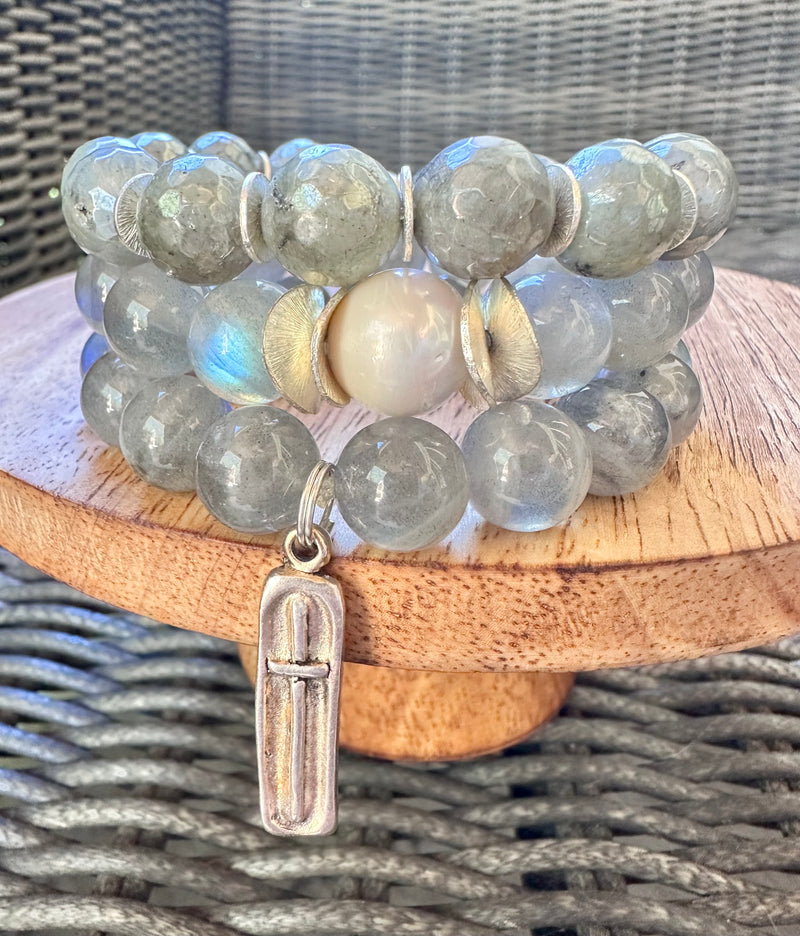 Labradorite & pearl 3 stack