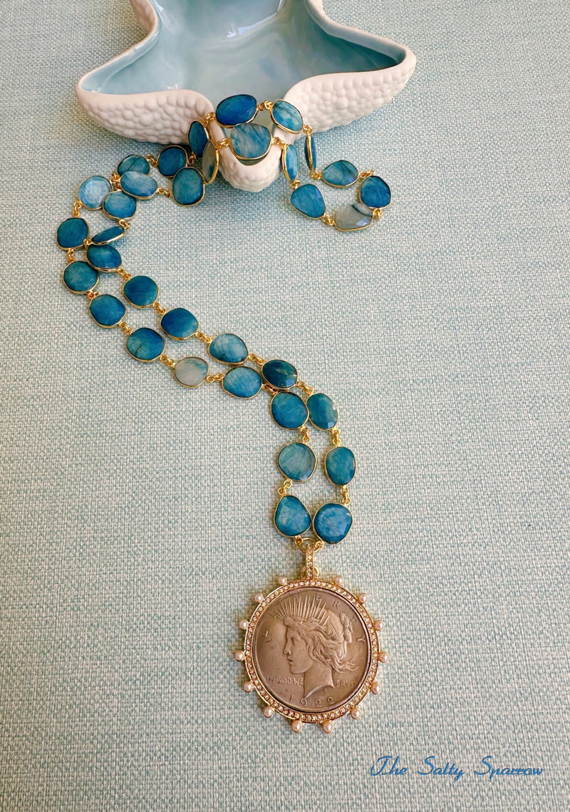 Liberty Peace Dollar Coin and Apatite Bezel Necklace