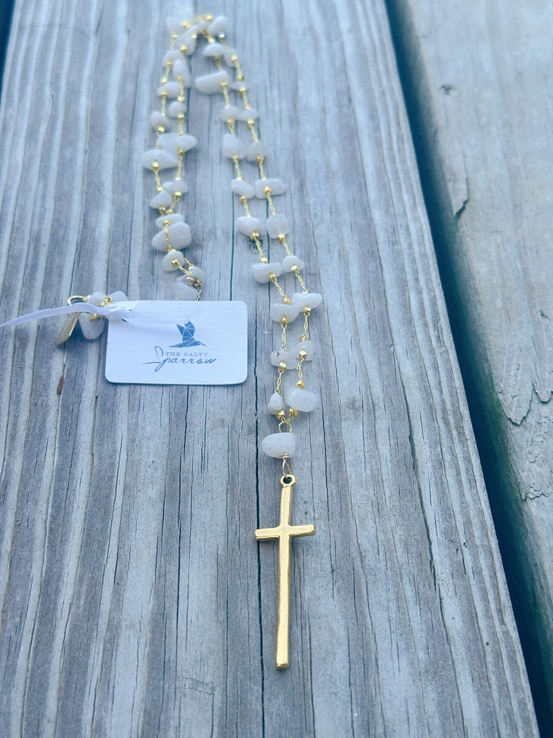 Moonstone Chips and Elongated Gold Cross Necklace