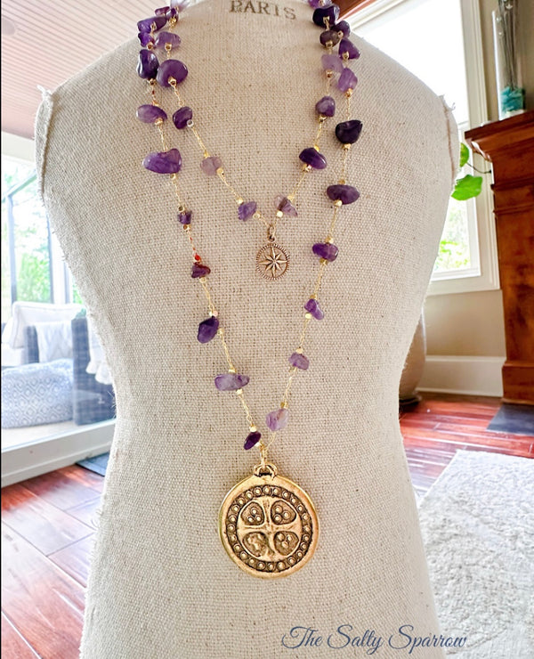 Amethyst cross and compass star necklace pair