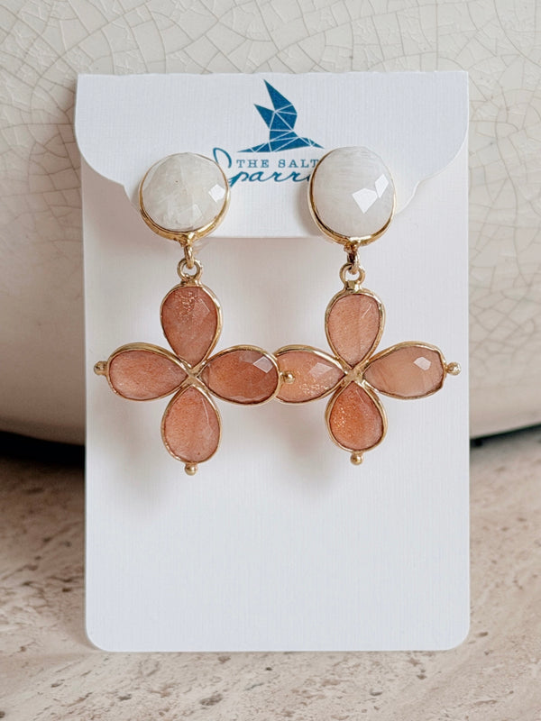 White and peach moonstone cross drops