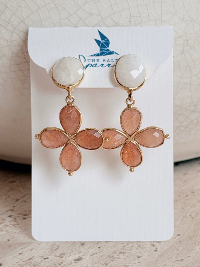 White and peach moonstone cross drops