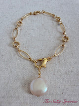 Blush moonstone & coin pearl chain bracelet pair