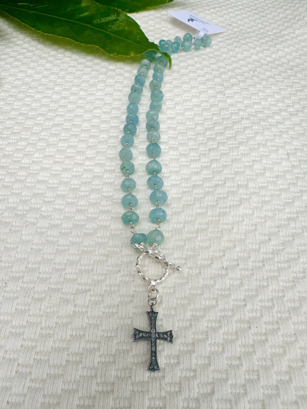 Sky Aquamarine with Pave Diamond Cross Necklace