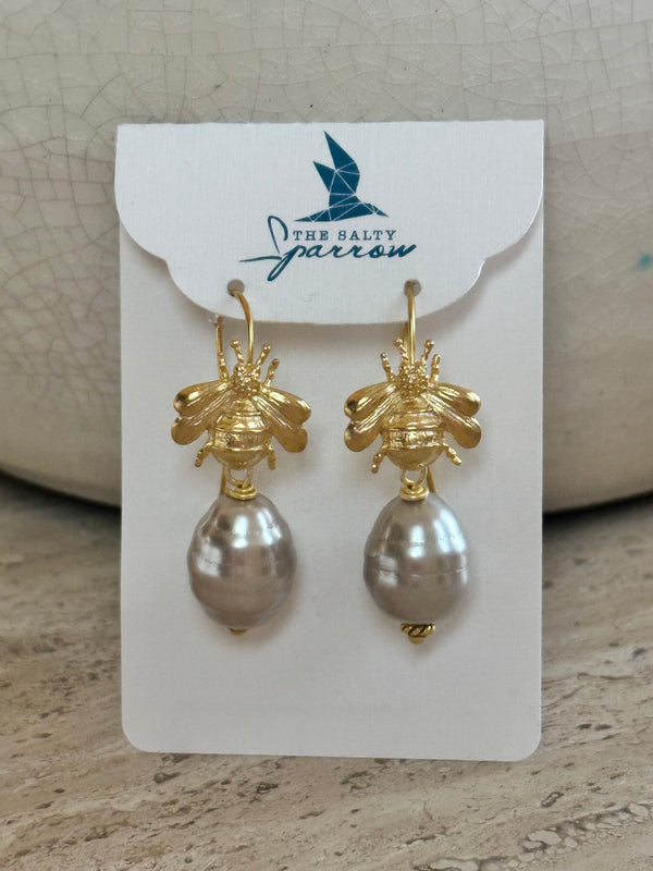 Golden bee silver pearl drop earrings