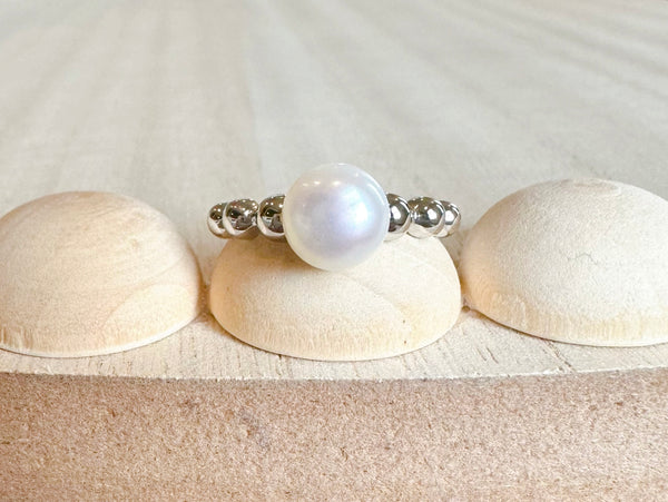 Silver ball white freshwater pearl ring