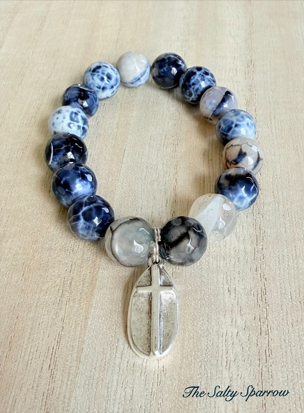Navy Jasper Bracelet W/ Silver Cross Charm