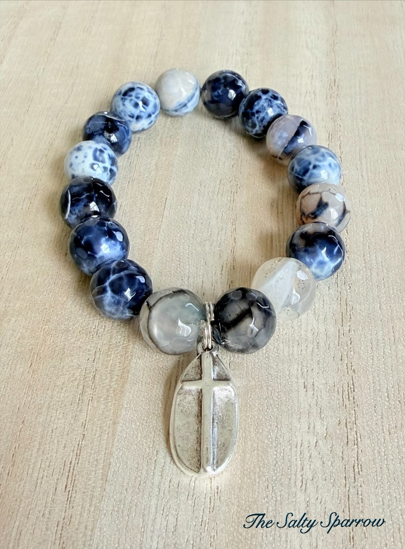 Navy Jasper Bracelet W/ Silver Cross Charm